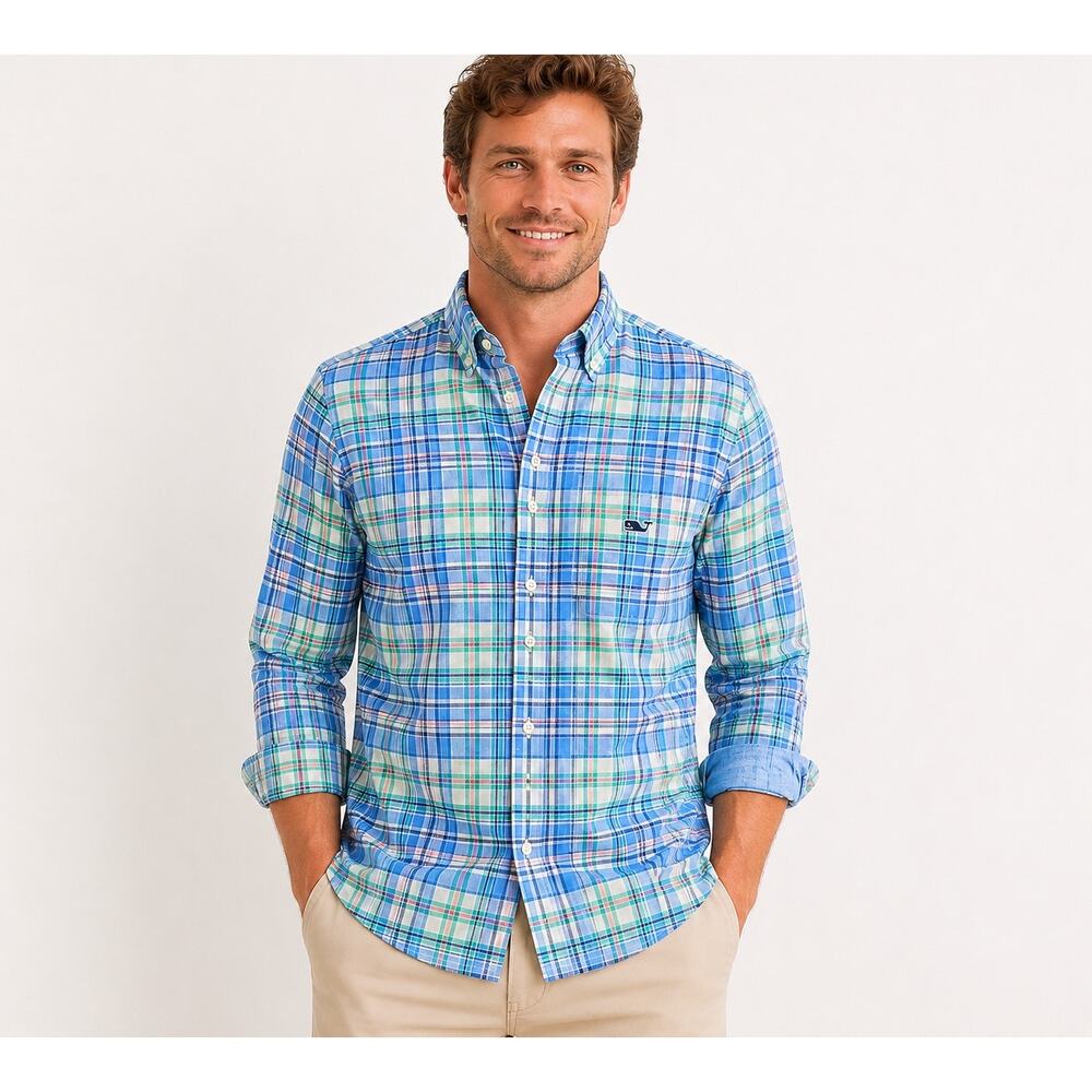 Vineyard Vines Tucker Shirt Medium Blue Plaid Whale Logo Coastal Preppy